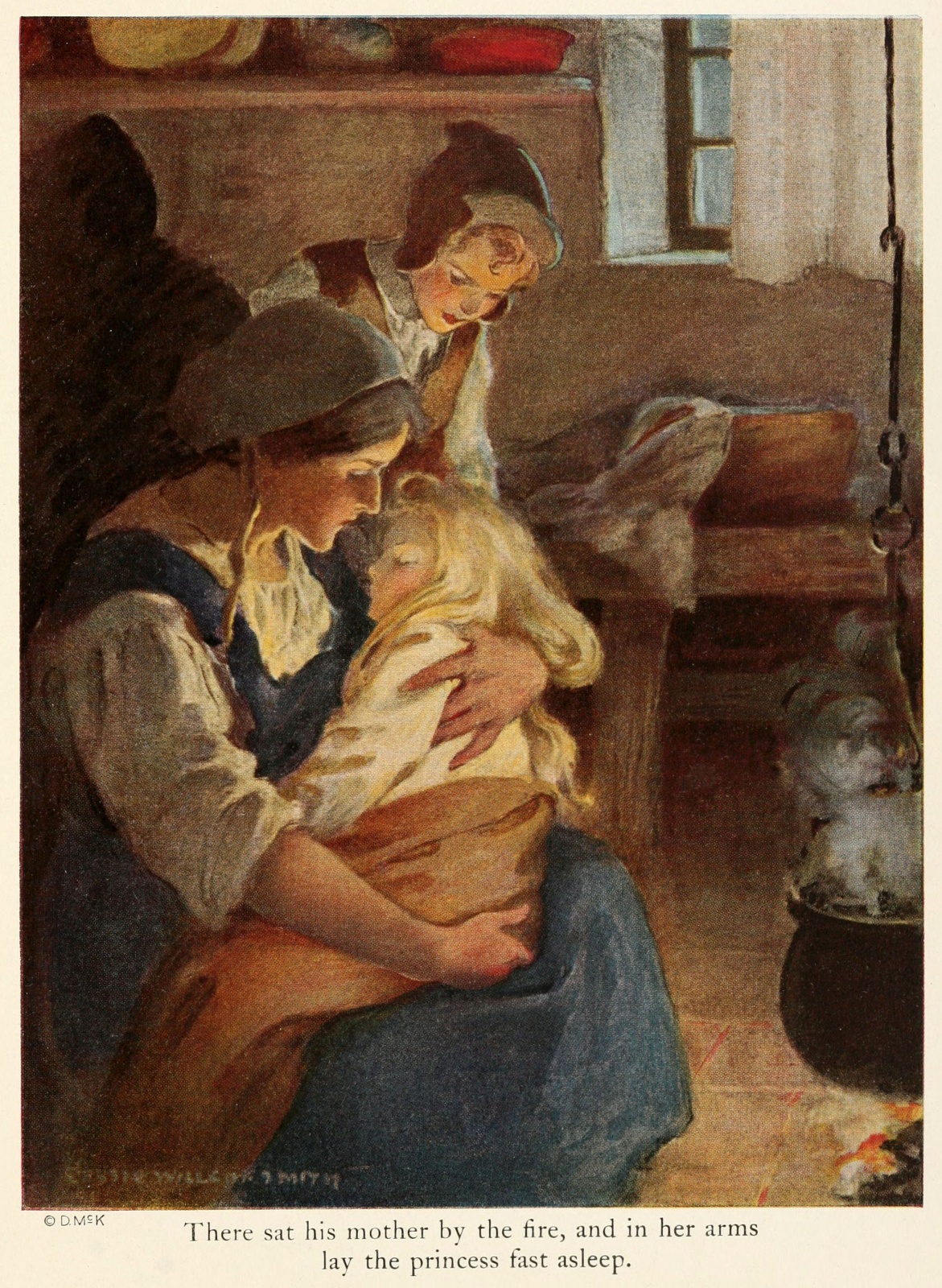 There sat his mother by the fire, and in her arms lay the princess fast asleep.