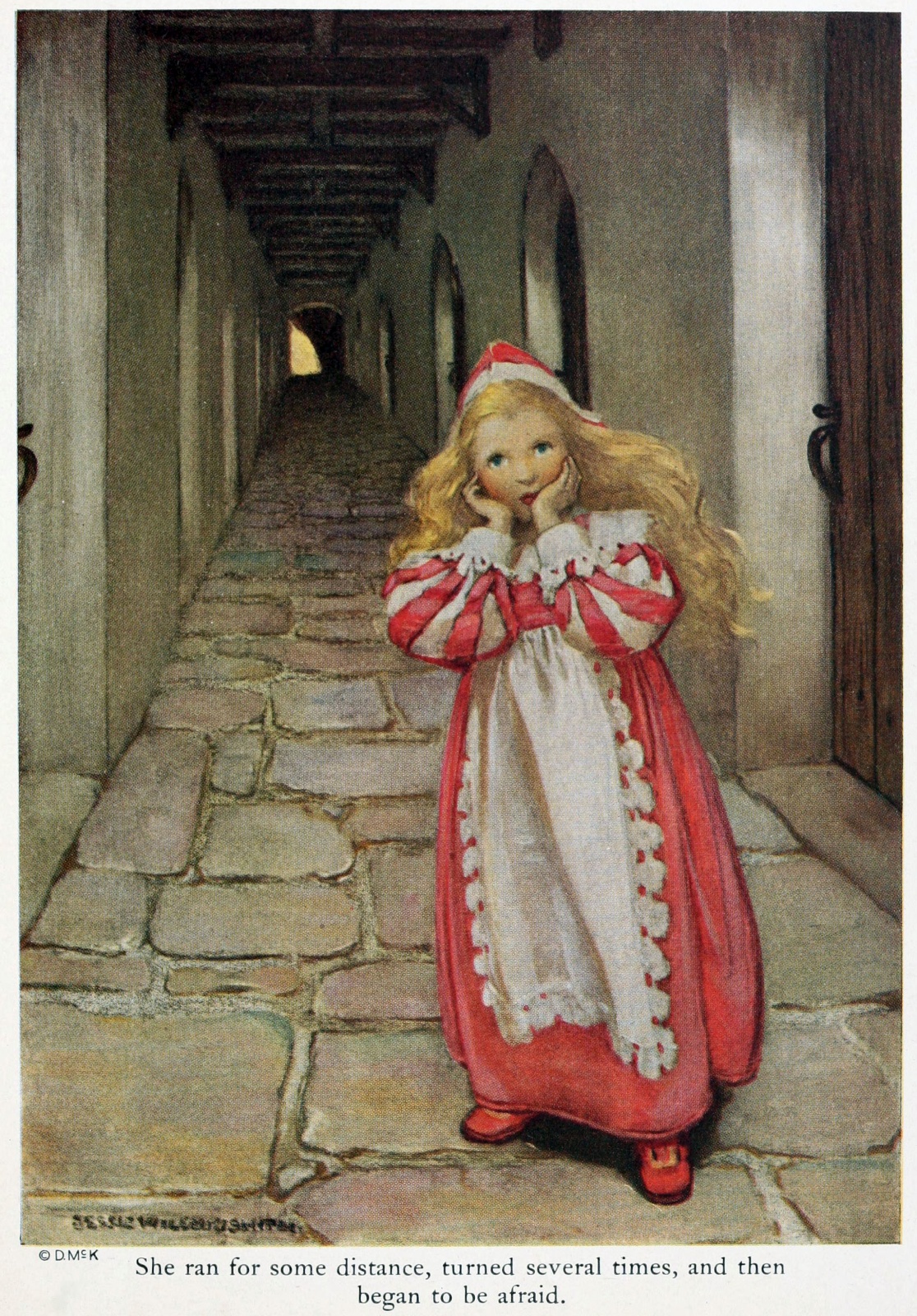 She ran for some distance, turned several times, and then began to be afraid.